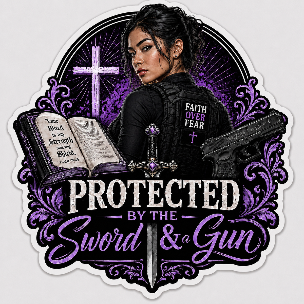Protected By The Sword & A Gun Sticker