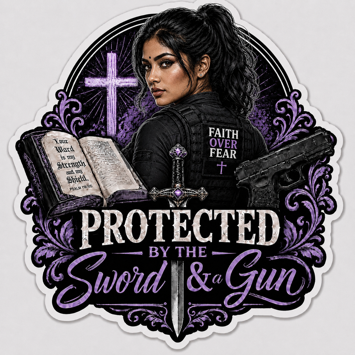 Protected By The Sword & A Gun Sticker