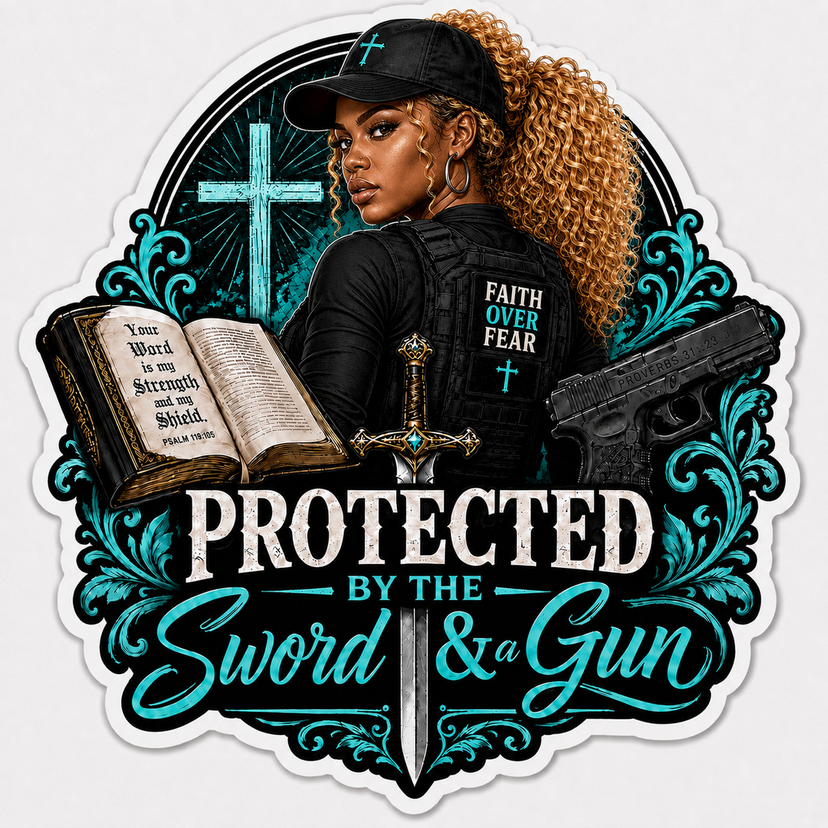 Protected By The Sword & A Gun Sticker
