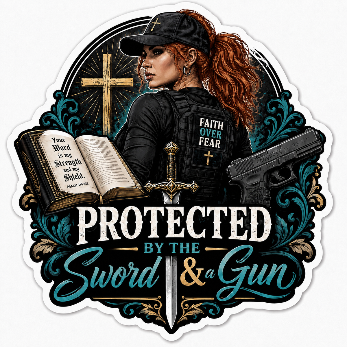 Protected By The Sword & A Gun Sticker