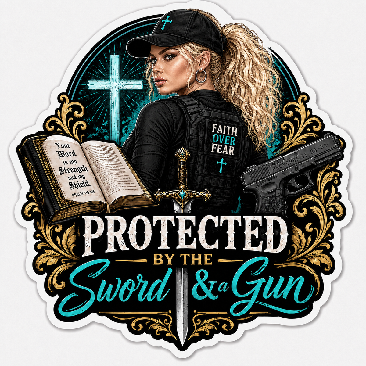 Protected By The Sword & A Gun Sticker