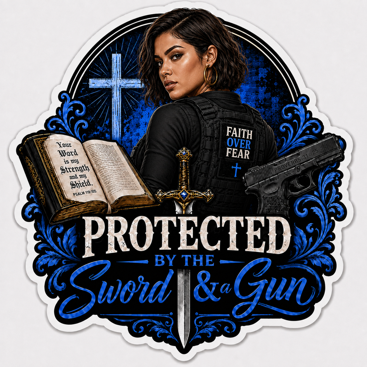 Protected By The Sword & A Gun Sticker