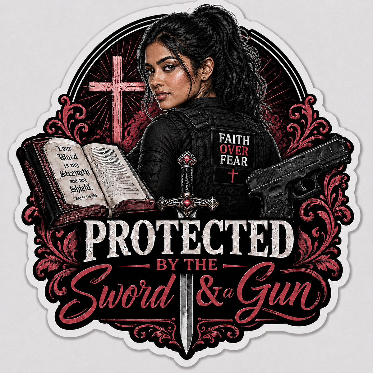 Protected By The Sword & A Gun Sticker