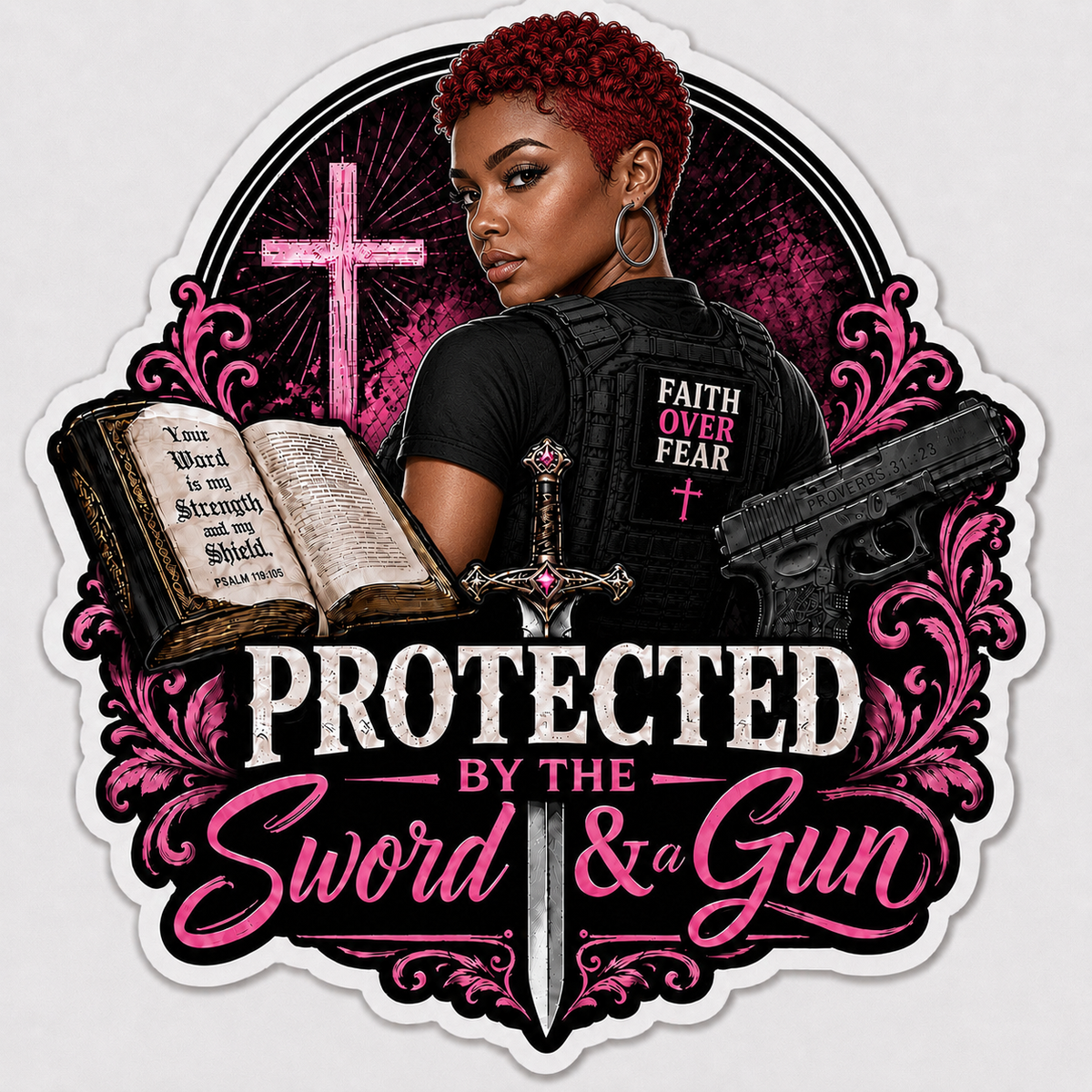 Protected By The Sword & A Gun Sticker