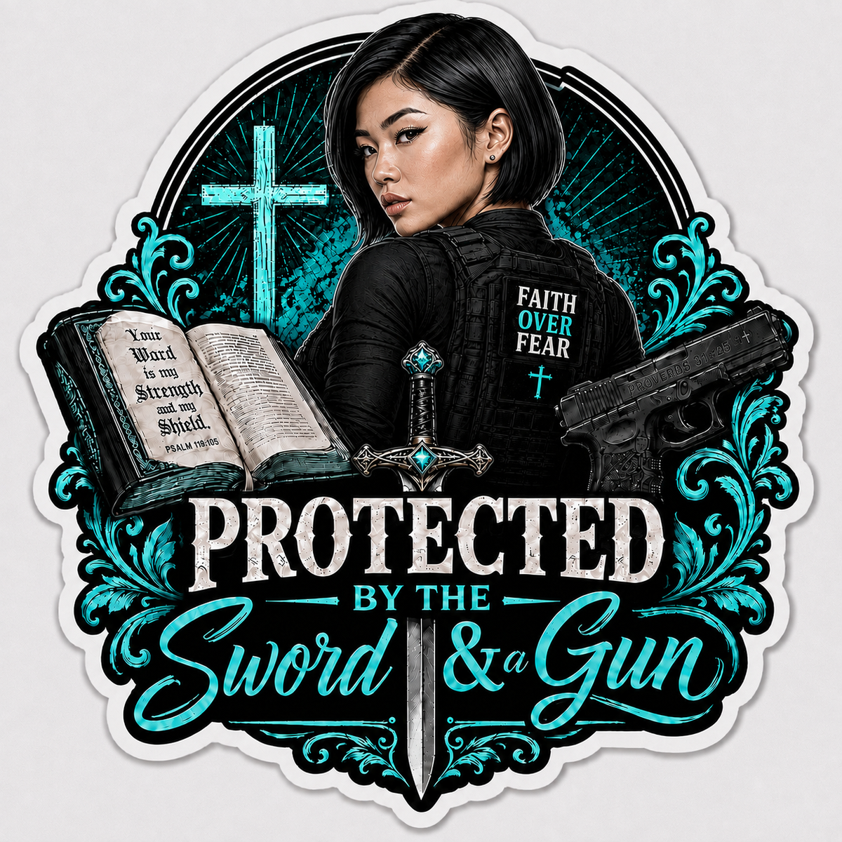 Protected By The Sword & A Gun Sticker
