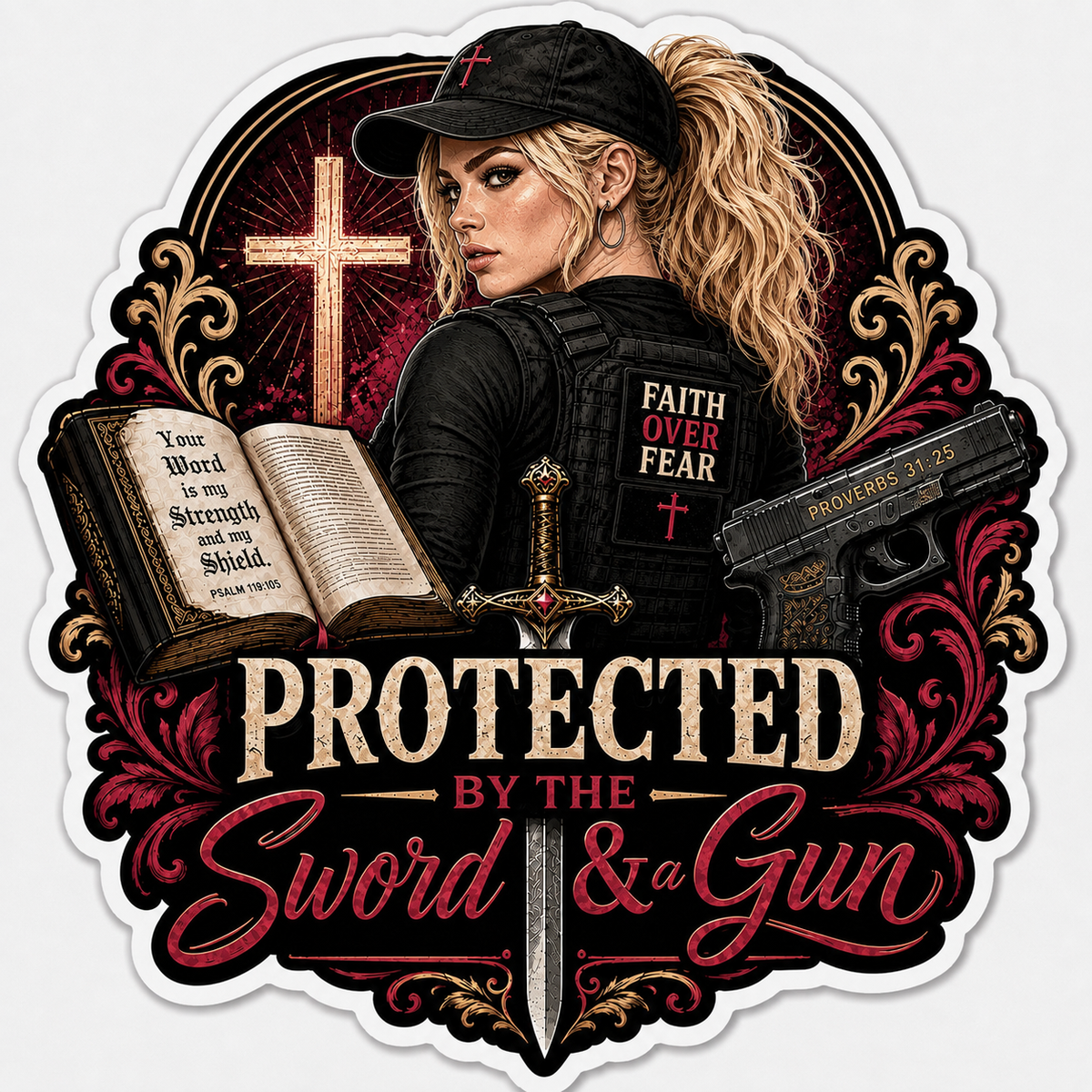 Protected By The Sword & A Gun Sticker