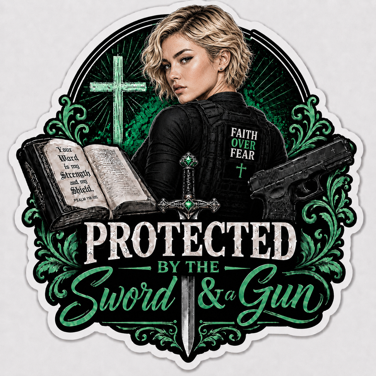 Protected By The Sword & A Gun Sticker