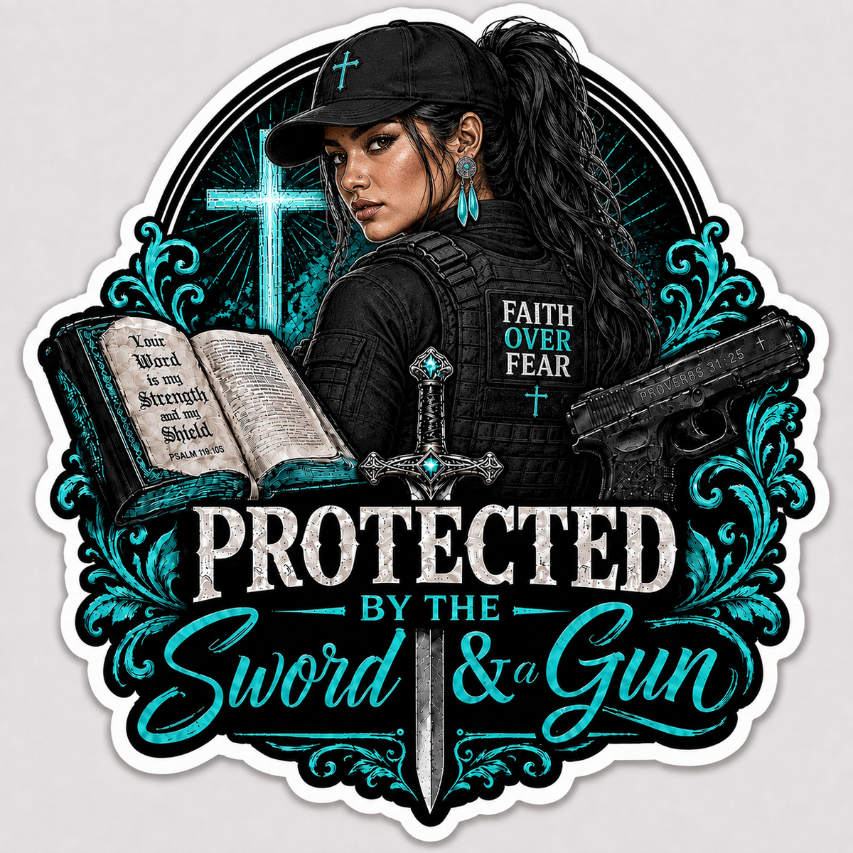 Protected By The Sword & A Gun Sticker