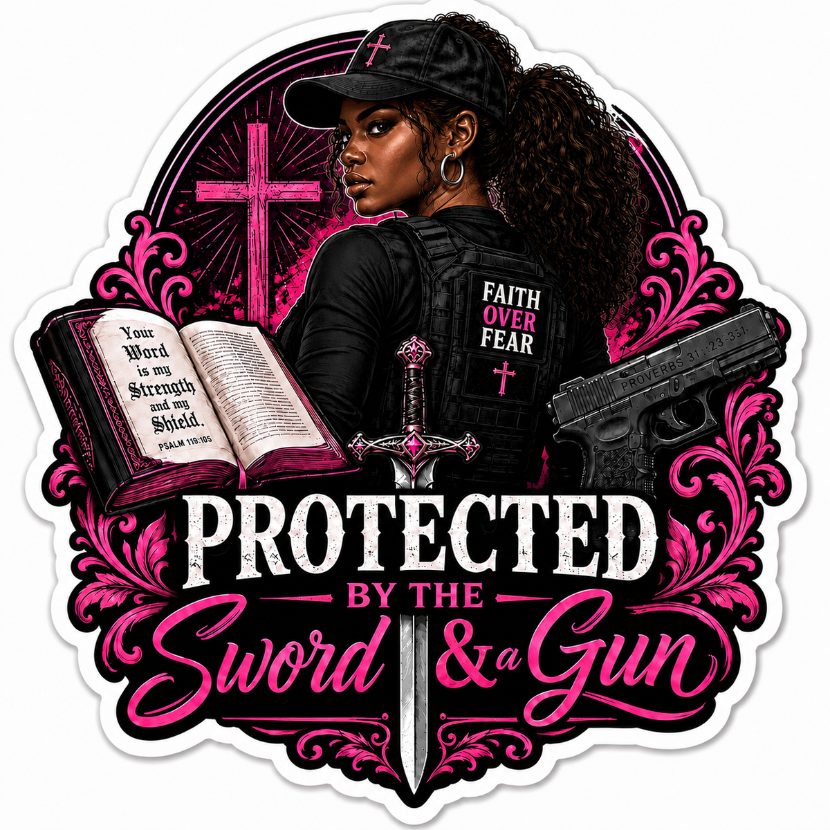 Protected By The Sword & A Gun Sticker