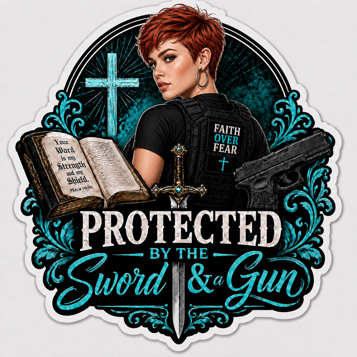 Protected By The Sword & A Gun Sticker