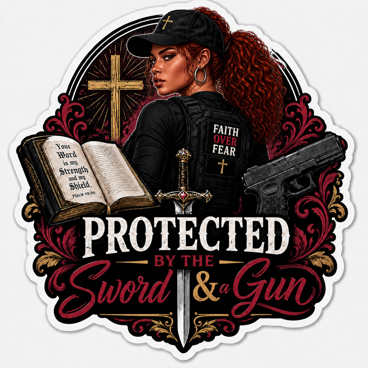 Protected By The Sword & A Gun Sticker
