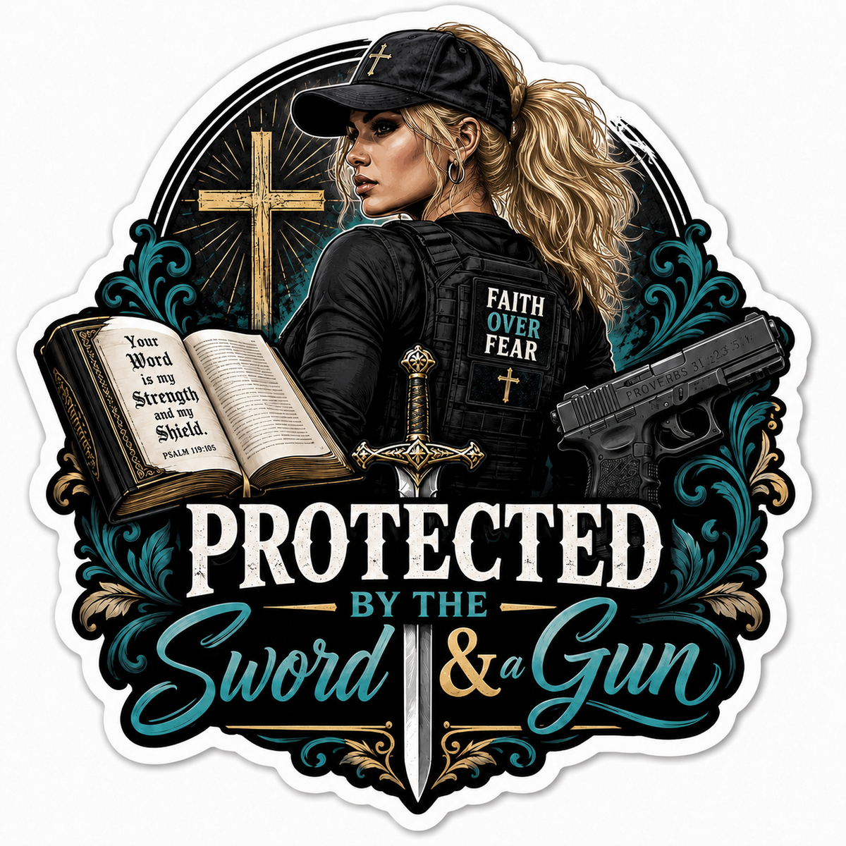 Protected By The Sword & A Gun Sticker