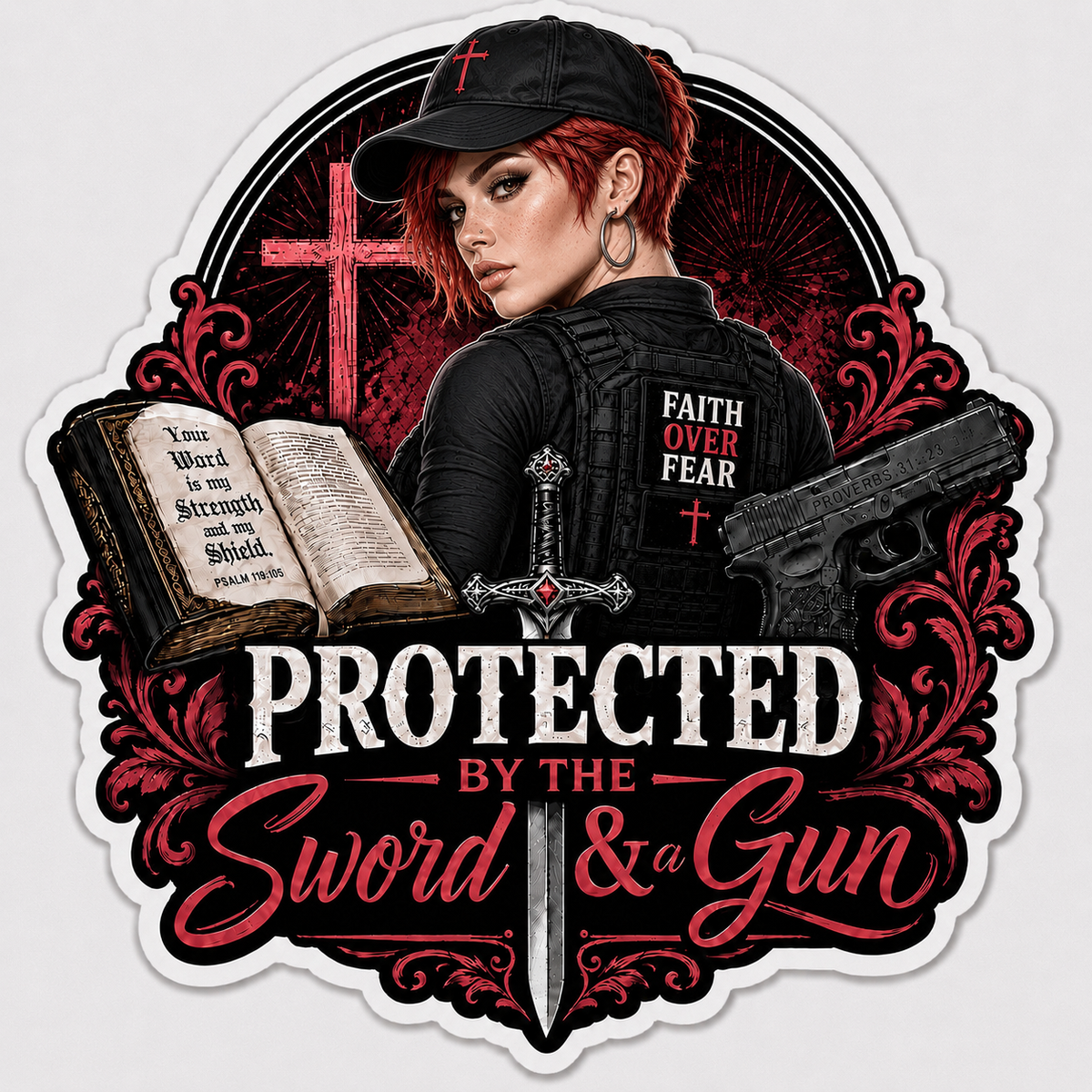 Protected By The Sword & A Gun Sticker