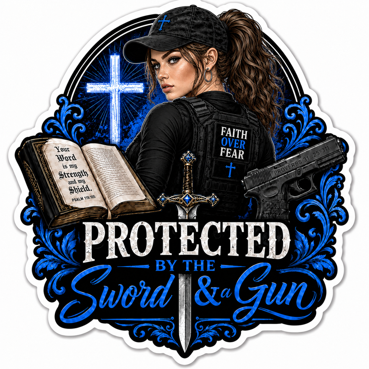 Protected By The Sword & A Gun Sticker