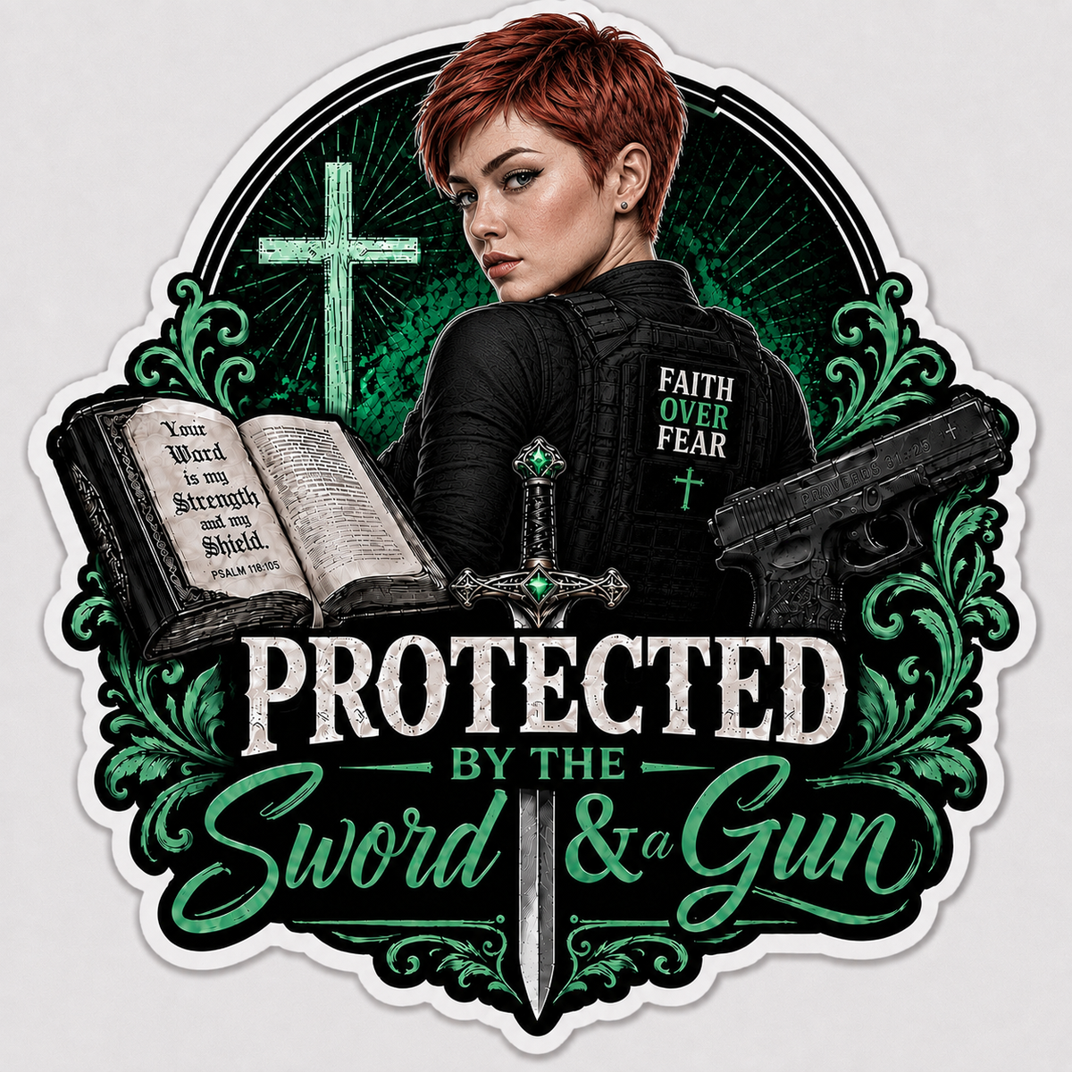 Protected By The Sword & A Gun Sticker