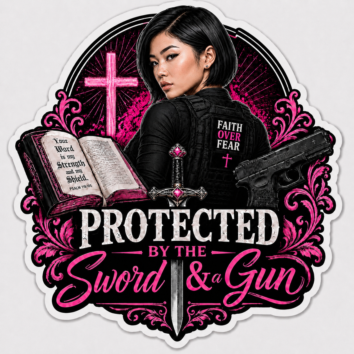 Protected By The Sword & A Gun Sticker