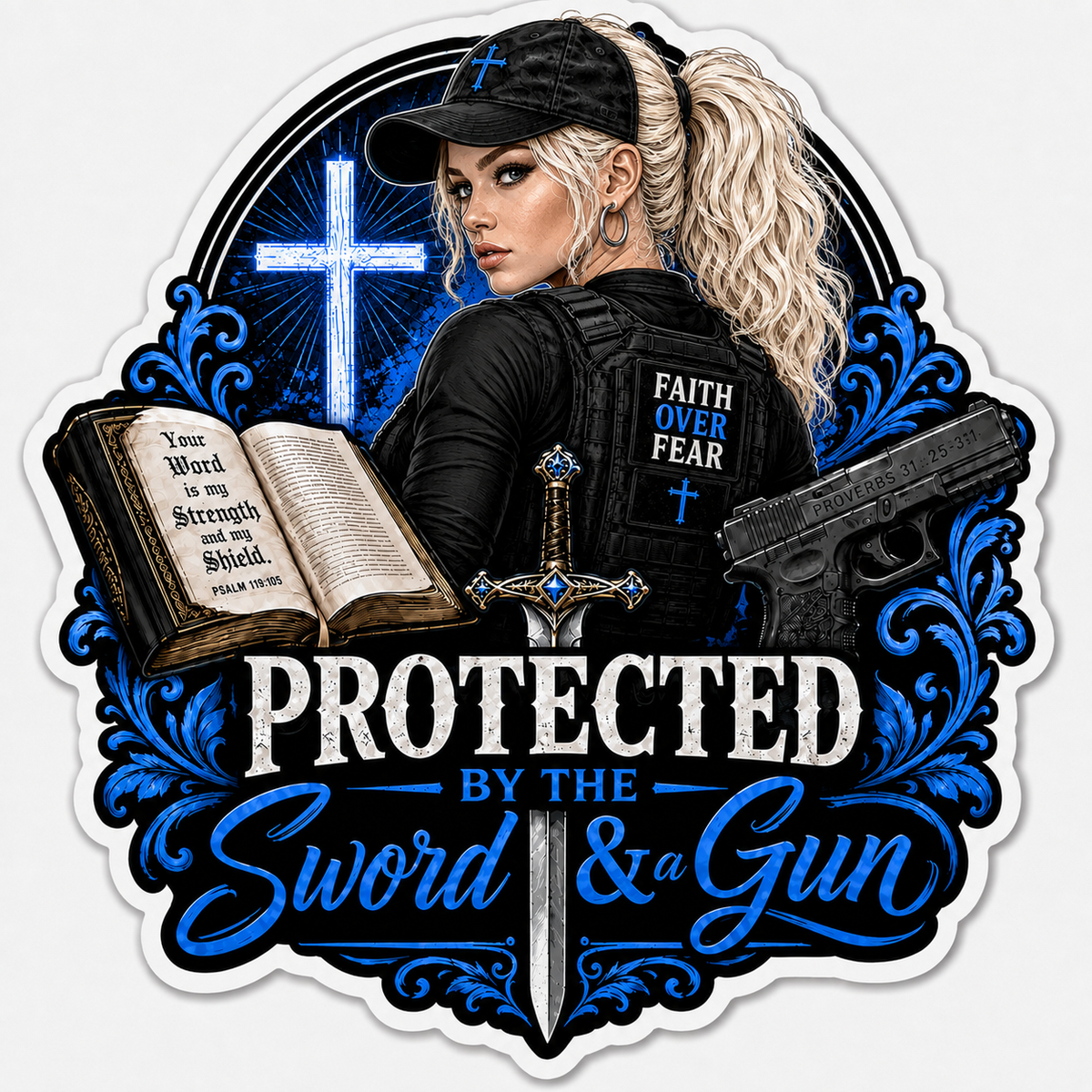 Protected By The Sword & A Gun Sticker