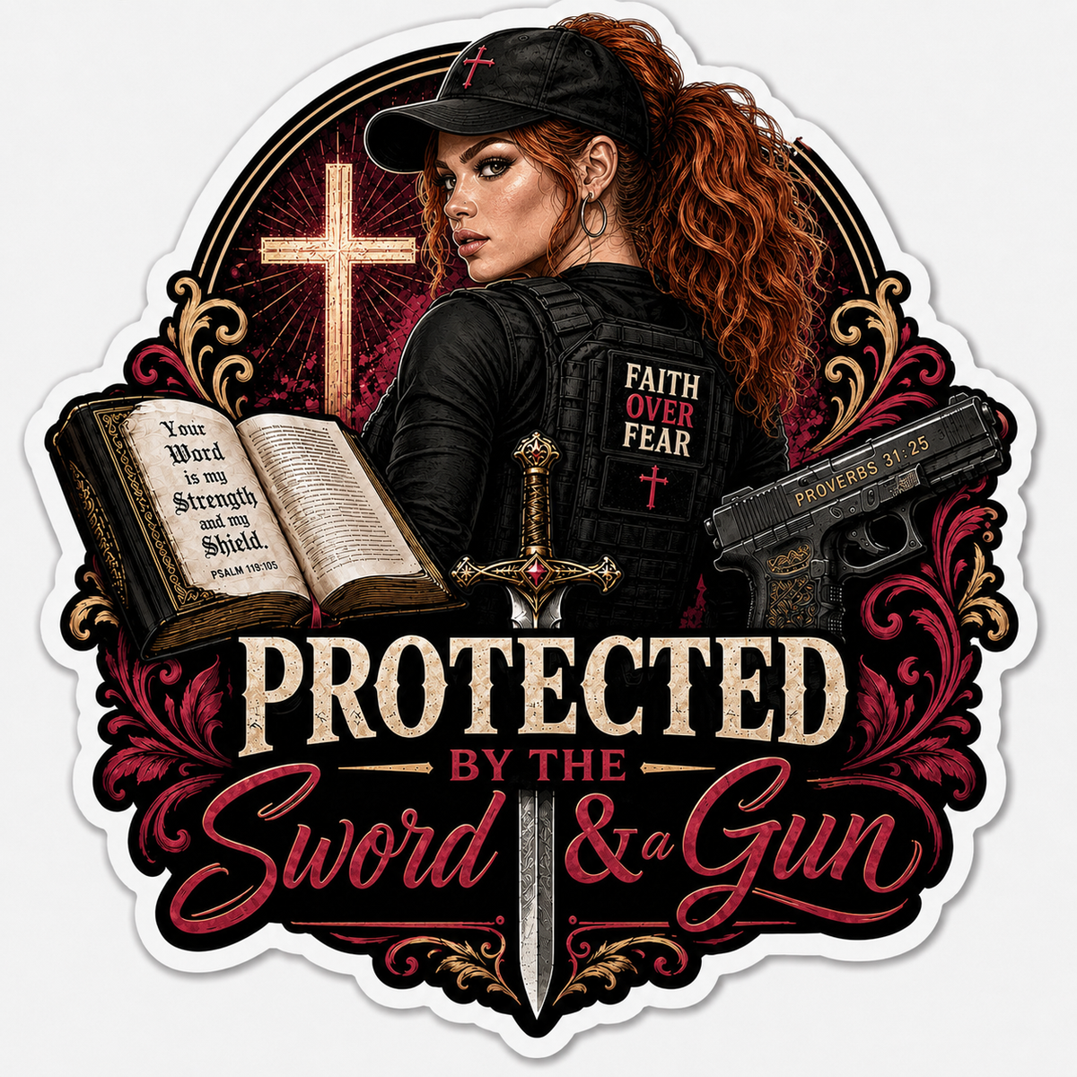 Protected By The Sword & A Gun Sticker