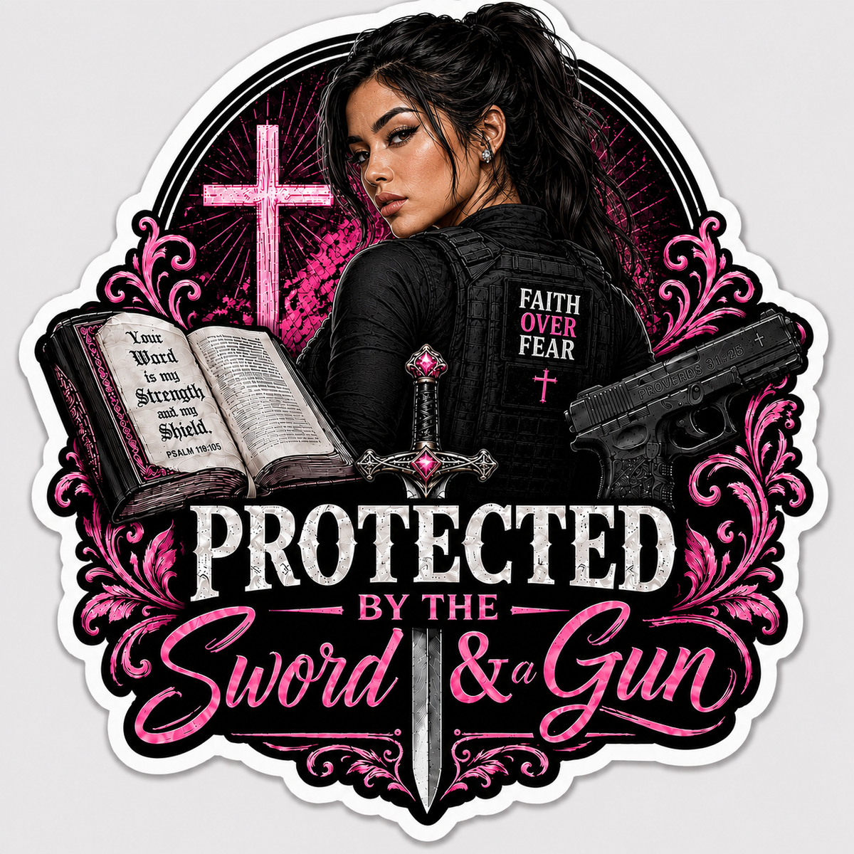 Protected By The Sword & A Gun Sticker
