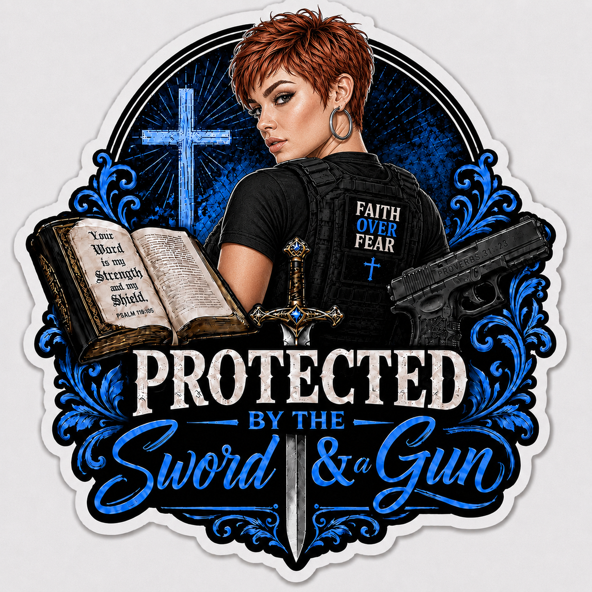 Protected By The Sword & A Gun Sticker