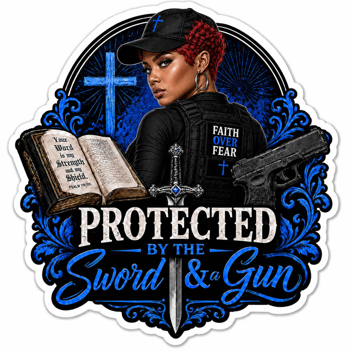 Protected By The Sword & A Gun Sticker