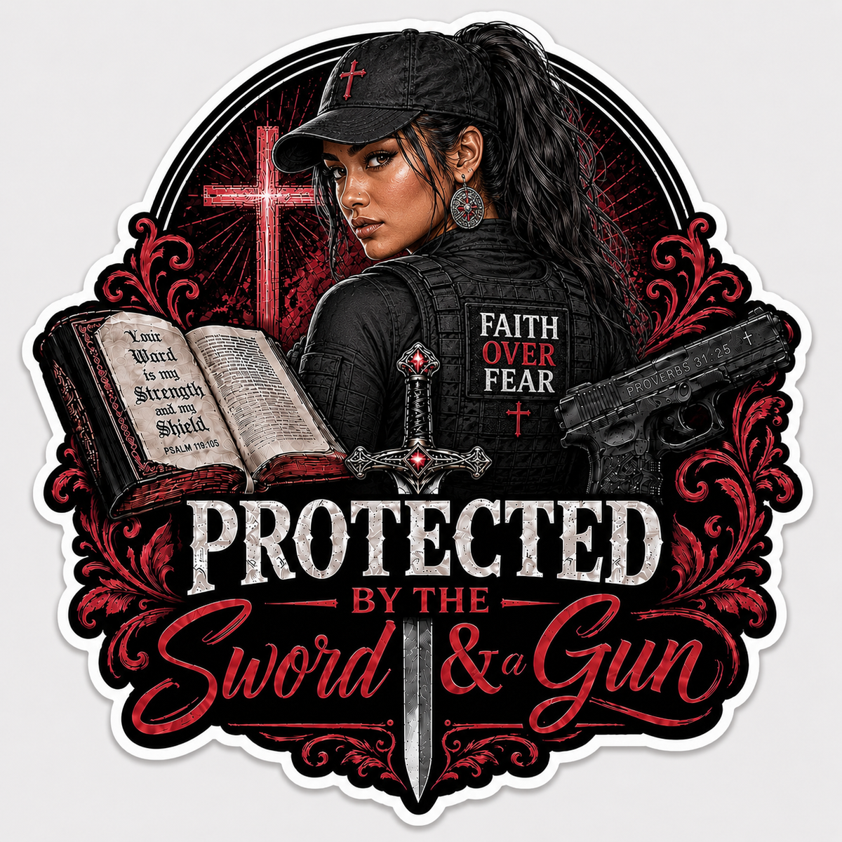 Protected By The Sword & A Gun Sticker