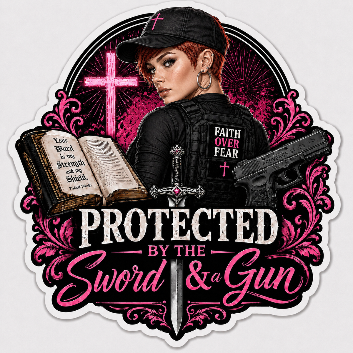 Protected By The Sword & A Gun Sticker
