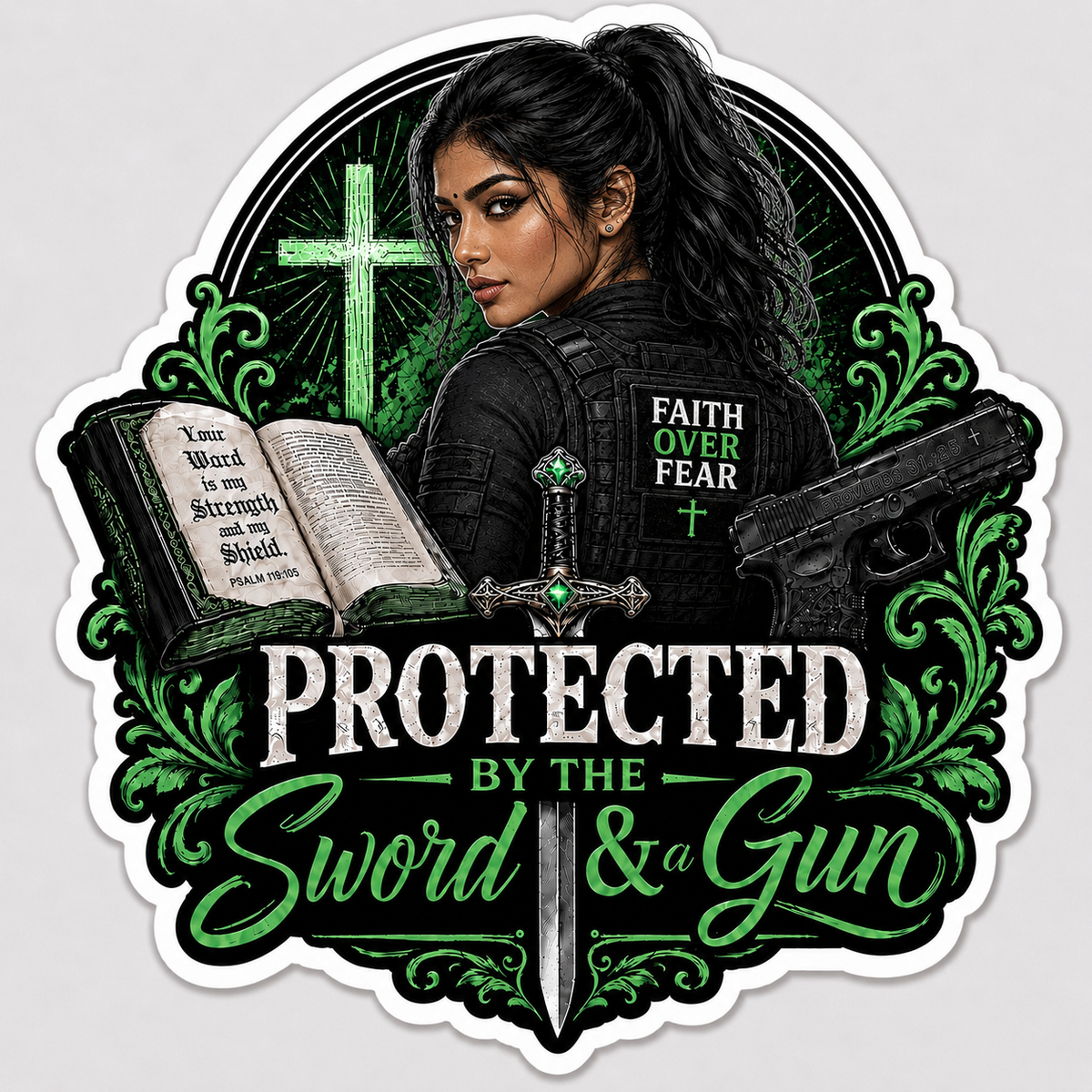 Protected By The Sword & A Gun Sticker