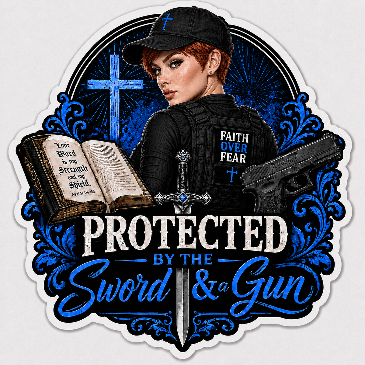 Protected By The Sword & A Gun Sticker