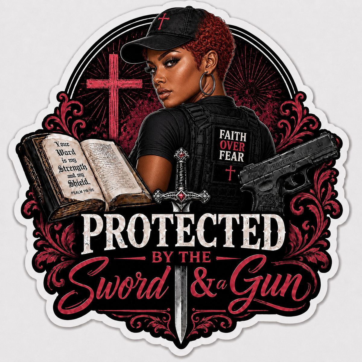 Protected By The Sword & A Gun Sticker