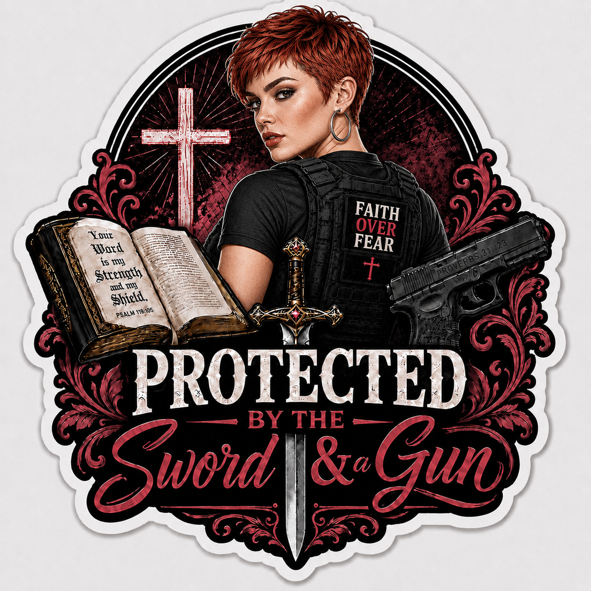 Protected By The Sword & A Gun Sticker