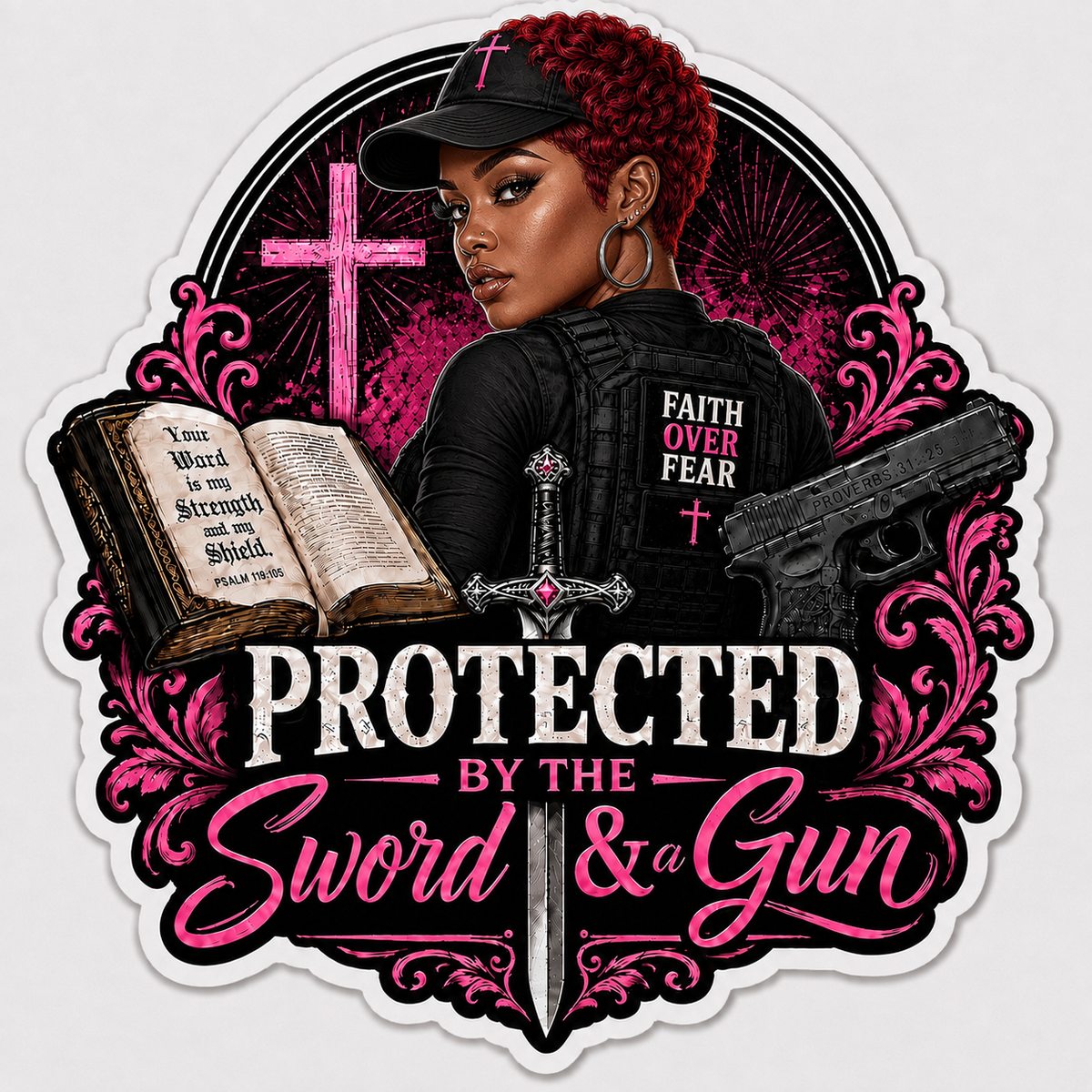Protected By The Sword & A Gun Sticker
