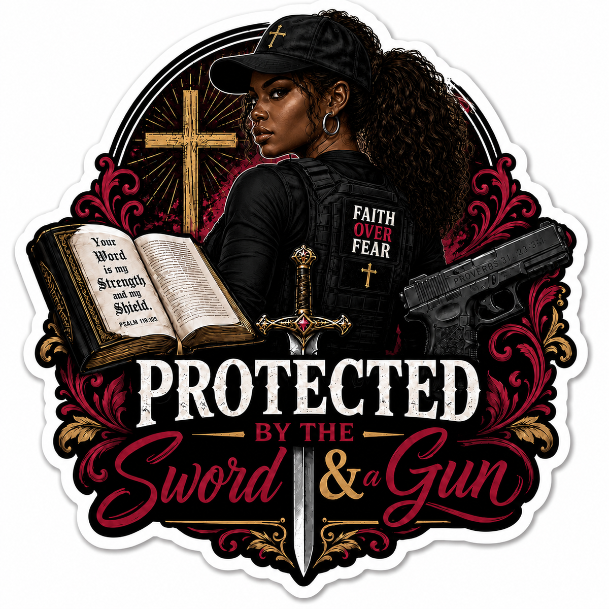 Protected By The Sword & A Gun Sticker