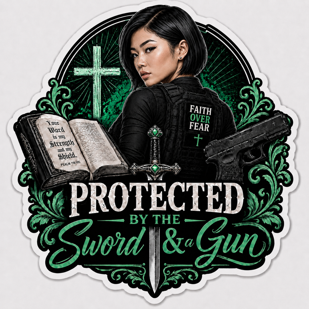 Protected By The Sword & A Gun Sticker