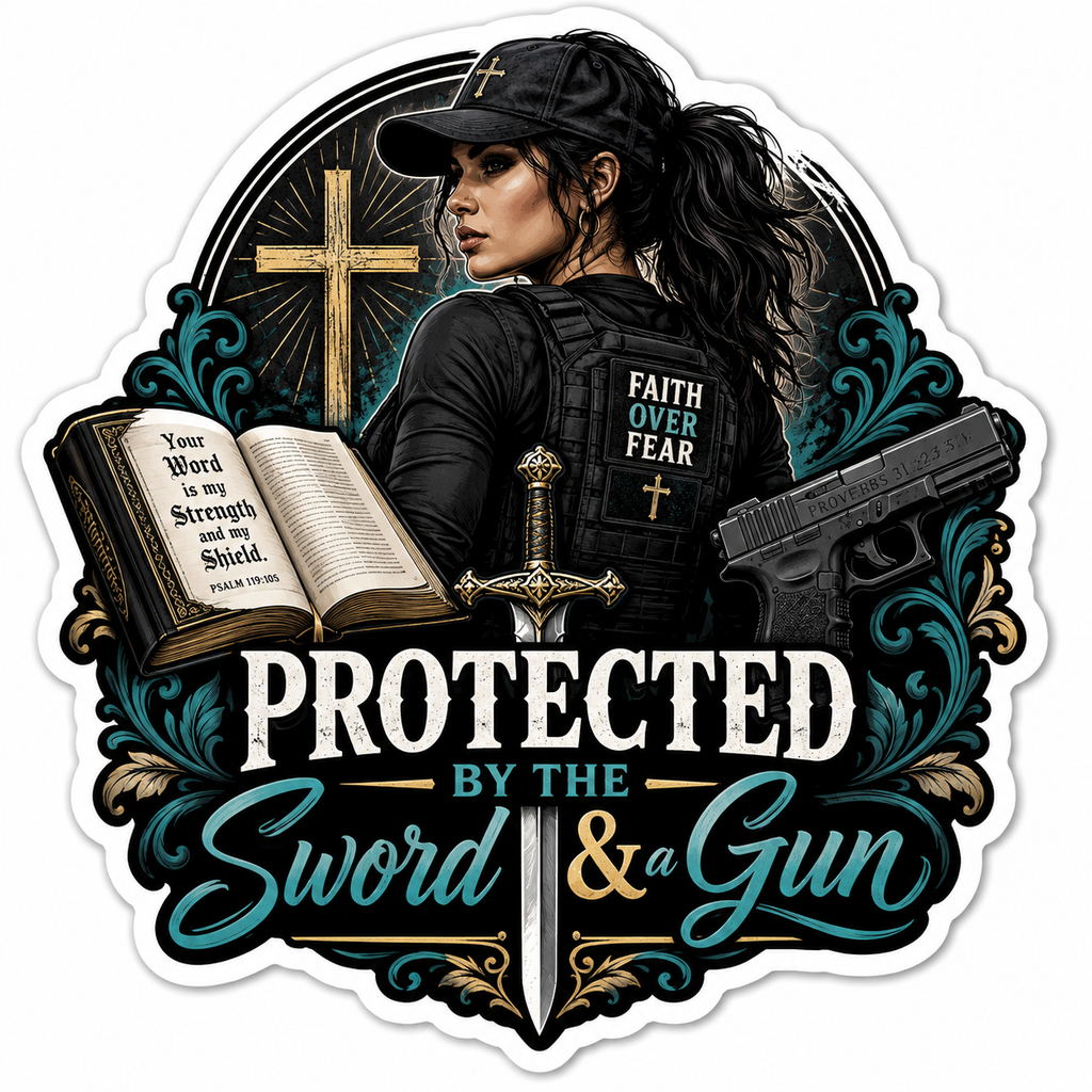Protected By The Sword & A Gun Sticker
