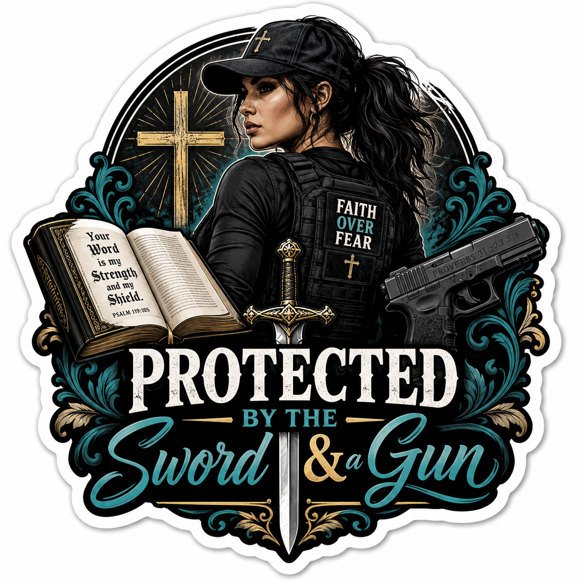 Protected By The Sword & A Gun Sticker