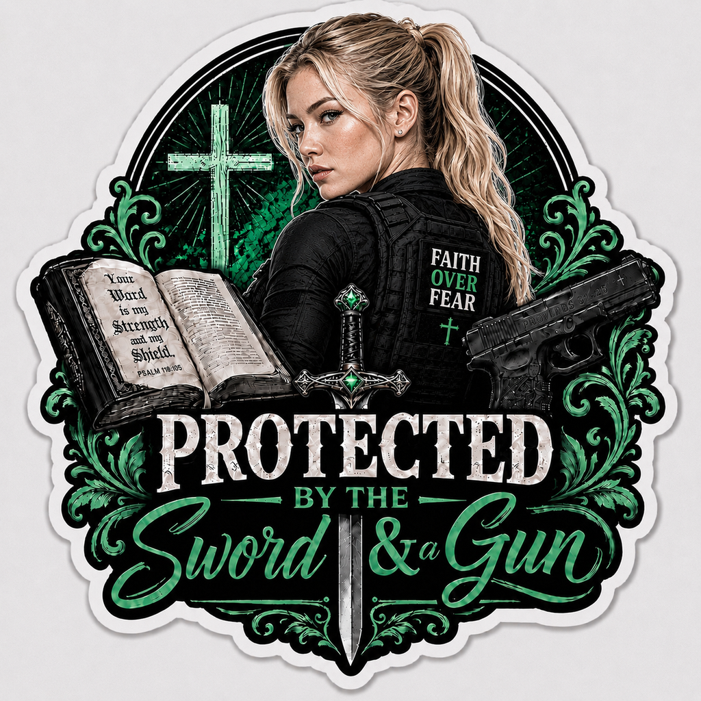 Protected By The Sword & A Gun Sticker
