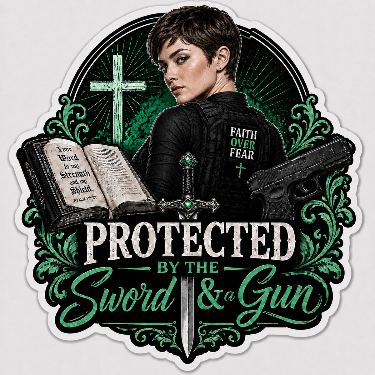 Protected By The Sword & A Gun Sticker