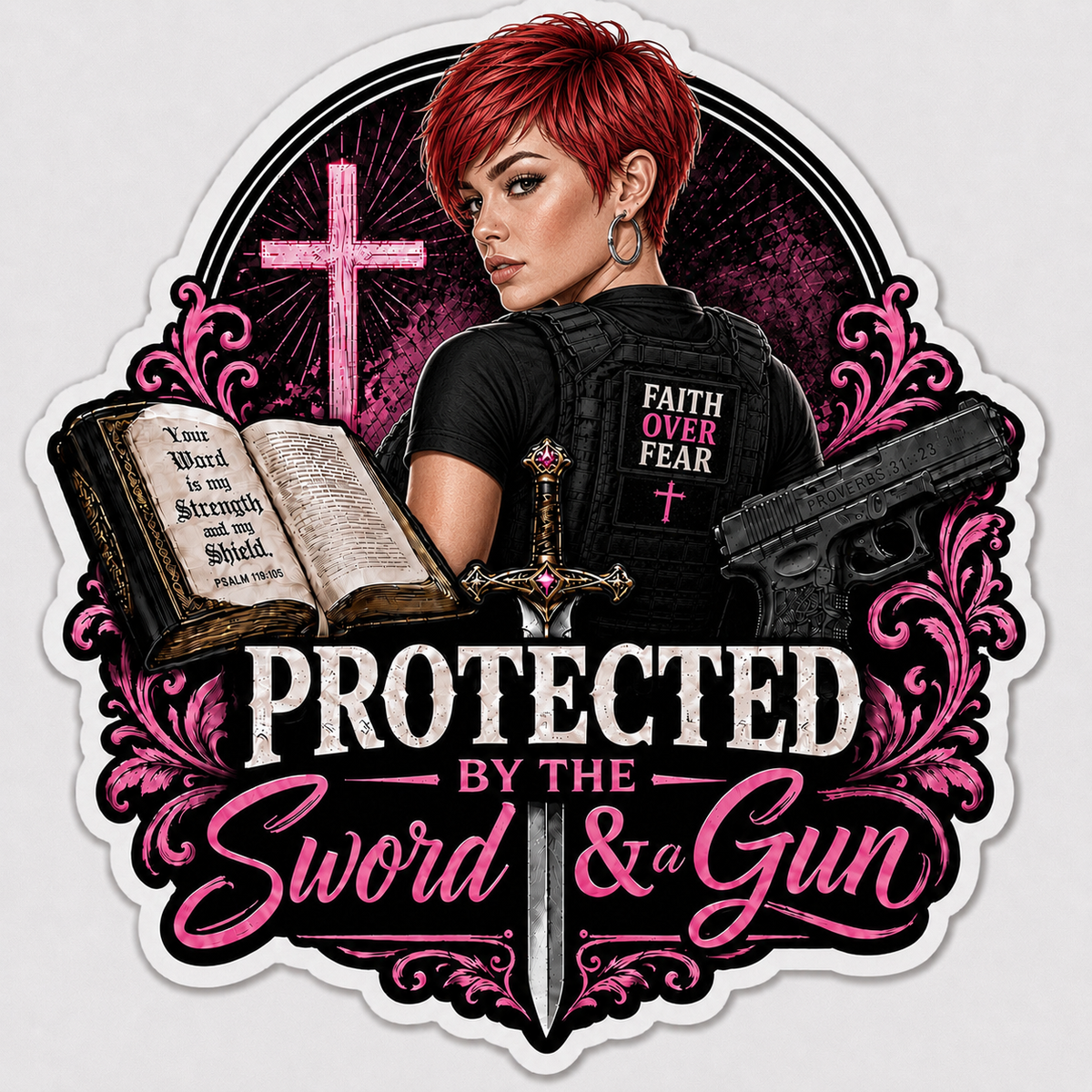 Protected By The Sword & A Gun Sticker