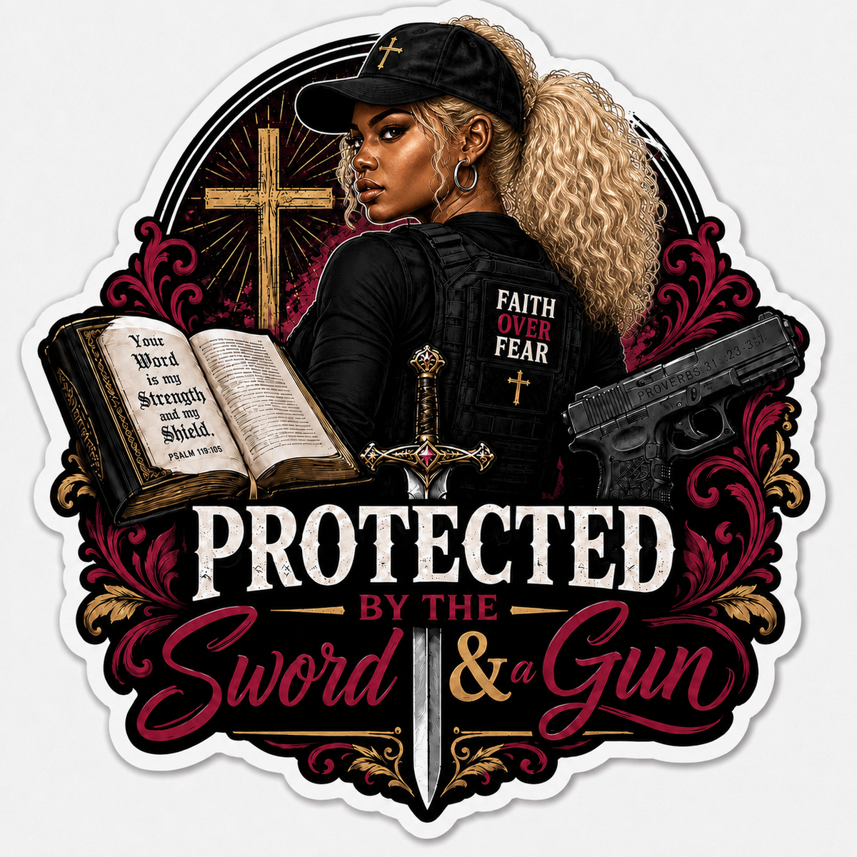Protected By The Sword & A Gun Sticker